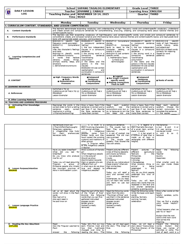 Grade 3 English Lesson Plan | PDF | Sentence (Linguistics) | Word