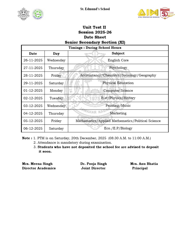 XI Datesheet UTII PDF