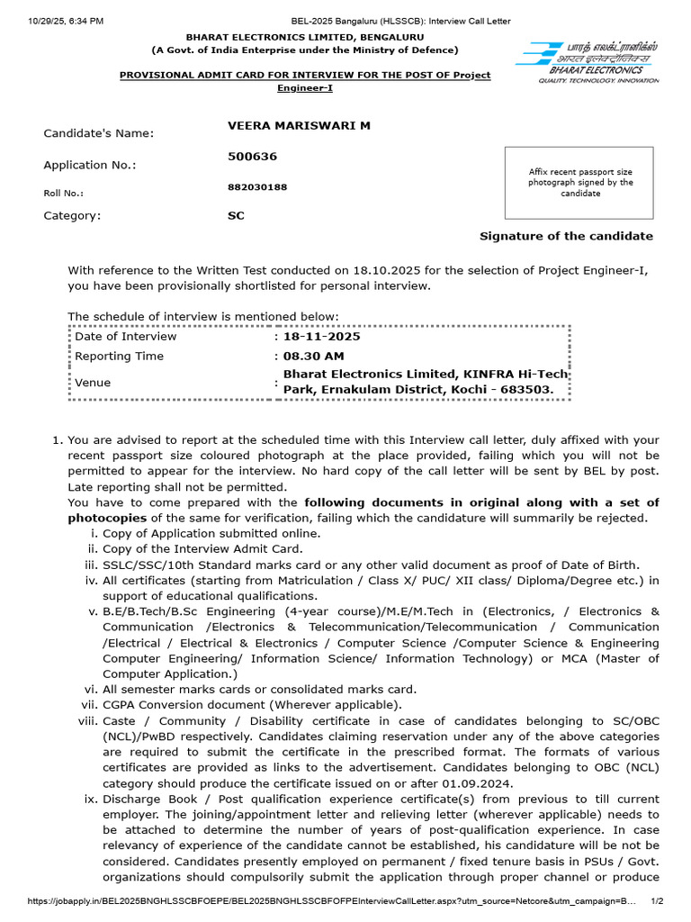 BEL Project Engineer-I Interview Admit Card | PDF