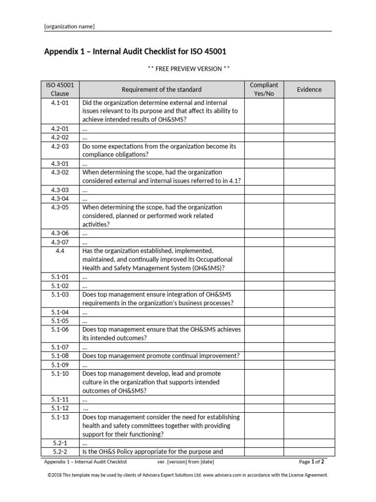 ISO 45001 Internal Audit Checklist | PDF | Internal Audit | Audit