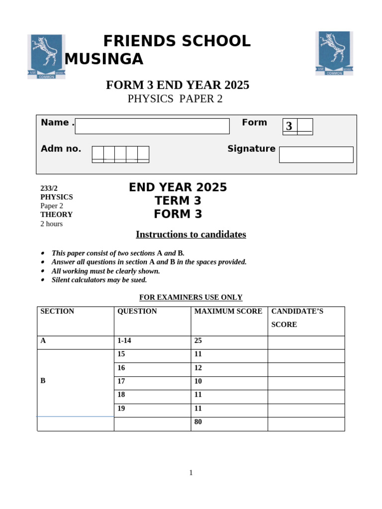 Form 3 Physics Paper 2 Exam 2025 | PDF | Waves | Loudspeaker
