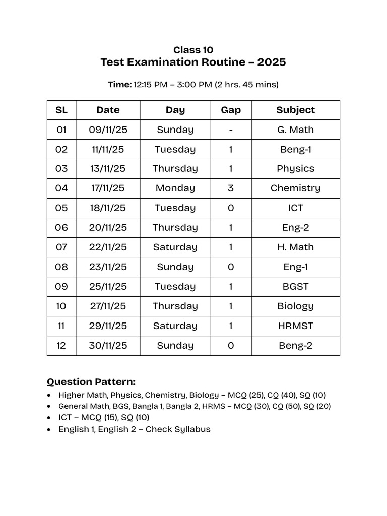 Class 10 Exam Schedule 2025 | PDF