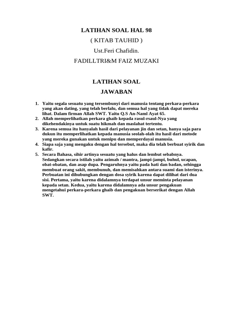 Latihan Soal Aqidah Fadill Dan Faiz M | PDF