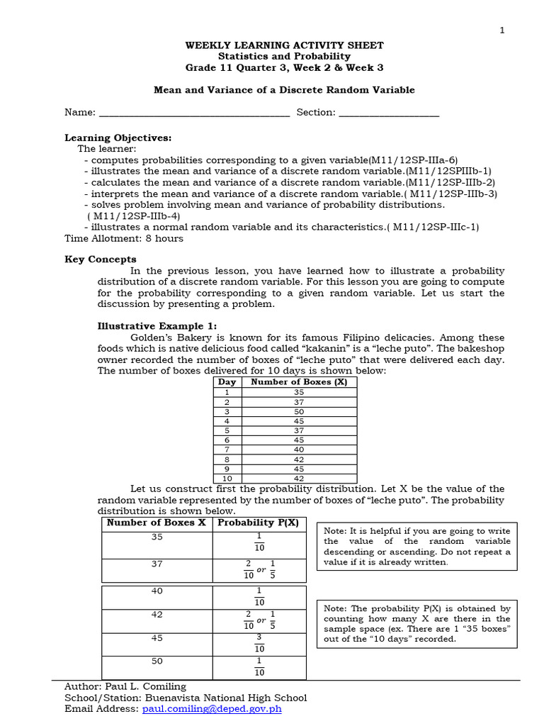 Mean and Variance in Probability | PDF | Probability Distribution ...