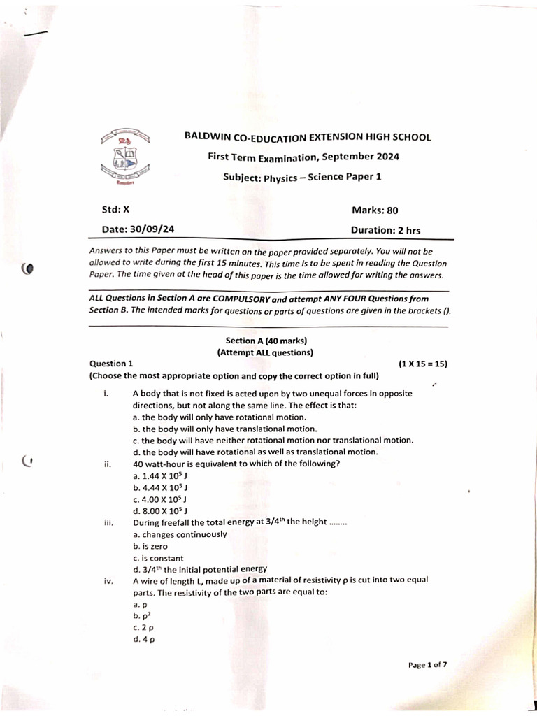 First Term Examination Question Papers 2024-2025 | PDF