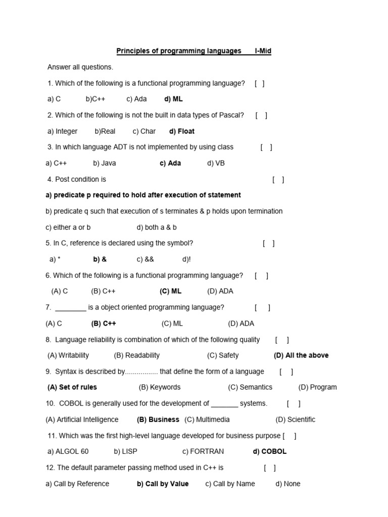 Programming Languages Quiz Questions | PDF | Computer Program | Programming