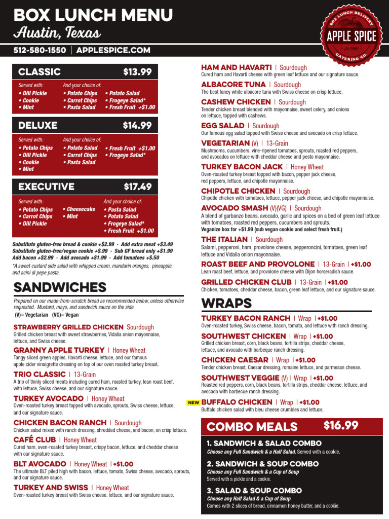 Austin Box Lunch Menu Options | PDF | Salad | Bacon