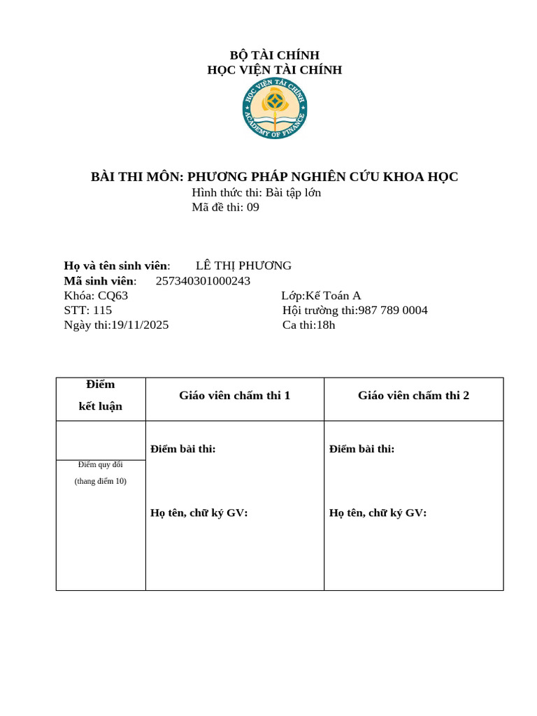 2025 - 11 - T Bìa 1 Bài Thi Môn PPNCKH | PDF