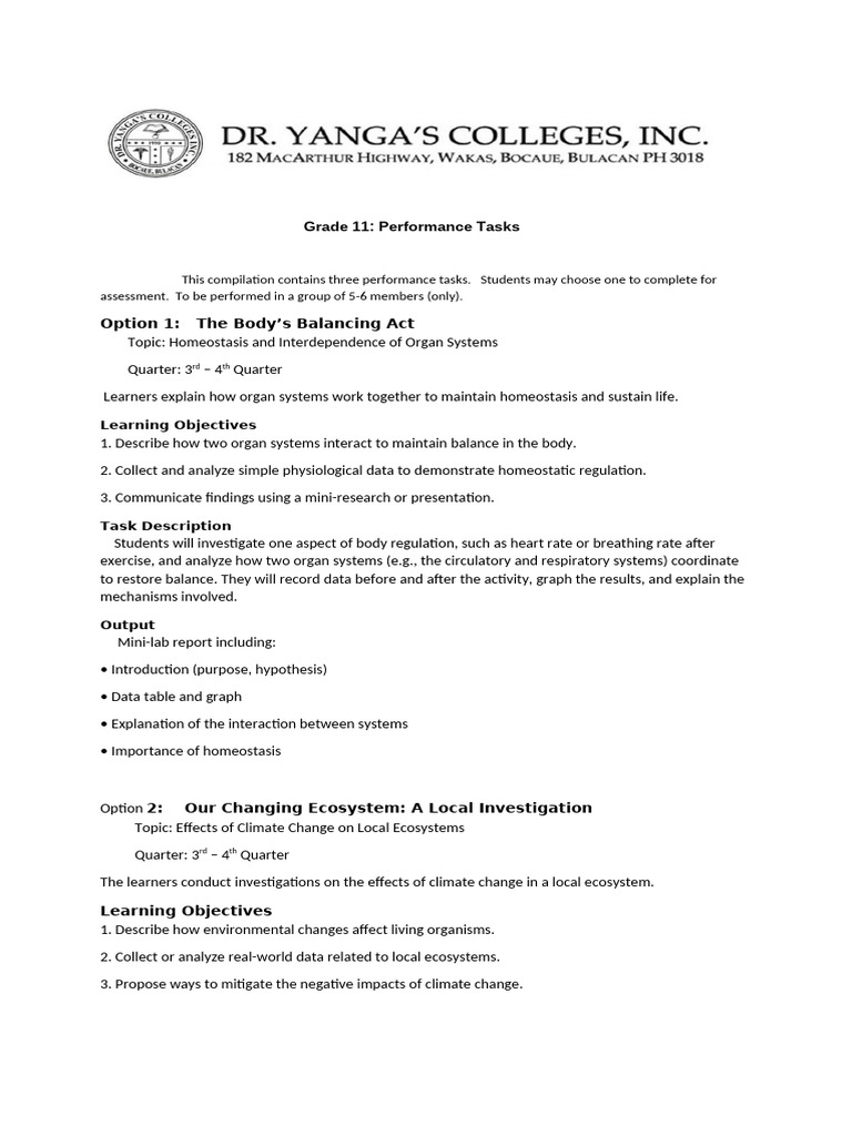 Grade 11 Performance Tasks Overview | PDF | Homeostasis | Cell (Biology)