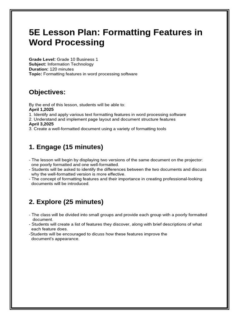 5E Lesson Plan On Formatting Features | PDF | Letter Case | Publishing