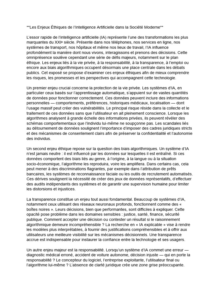 Enjeux Éthiques de l'IA en Société | PDF | Intelligence artificielle ...