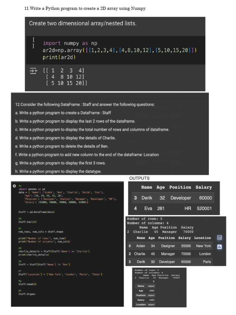 Create 2D Array with Numpy in Python | PDF