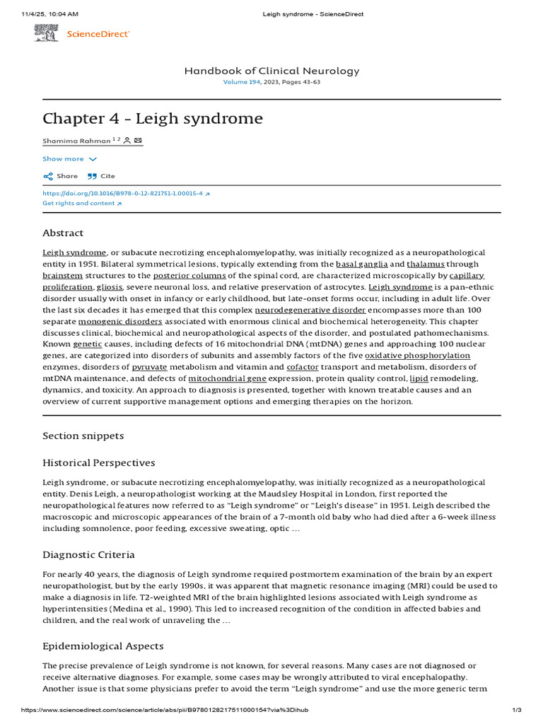 Leigh Syndrome: Clinical Insights and Genetics | PDF | Diseases And ...