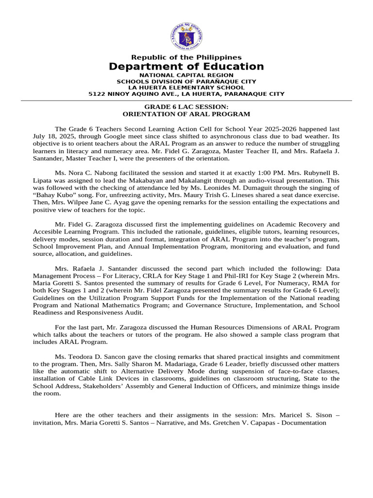 Grade 6 ARAL Program Orientation Summary | PDF | Cognition | Intelligence