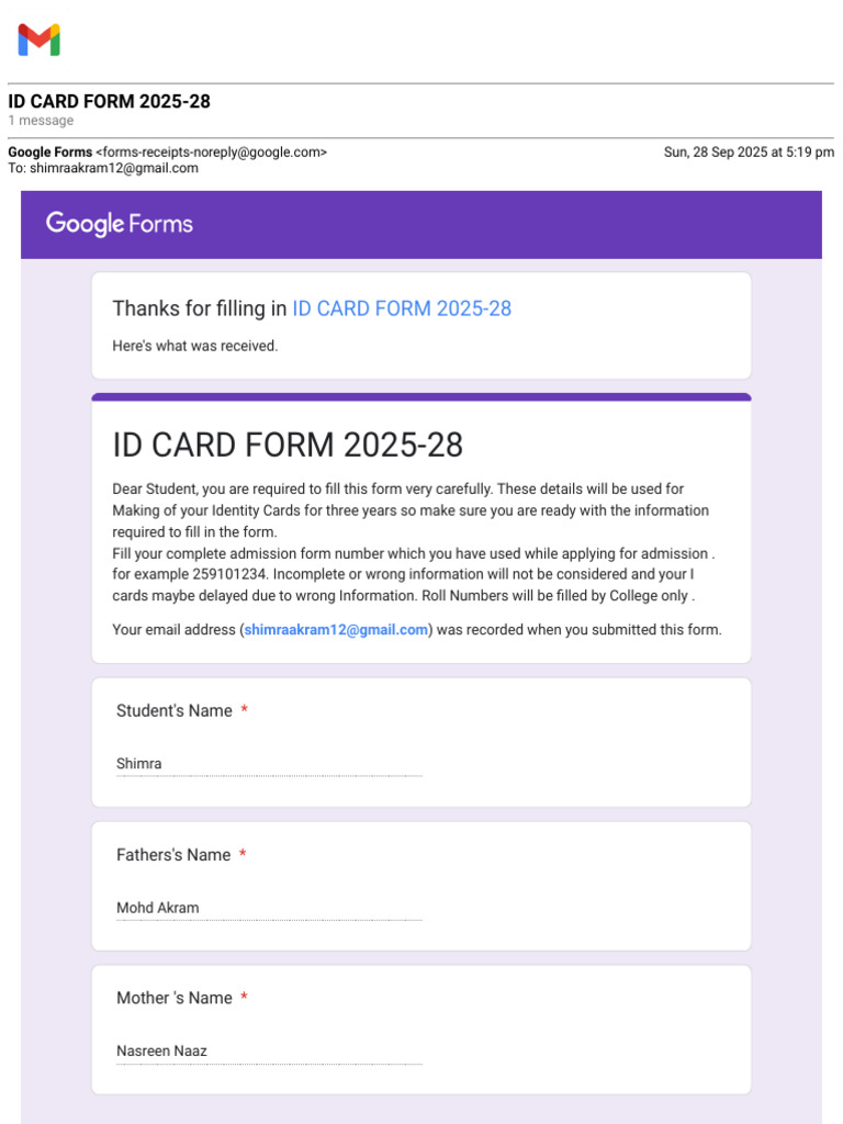 ID Card Form Submission 2025-28 | PDF