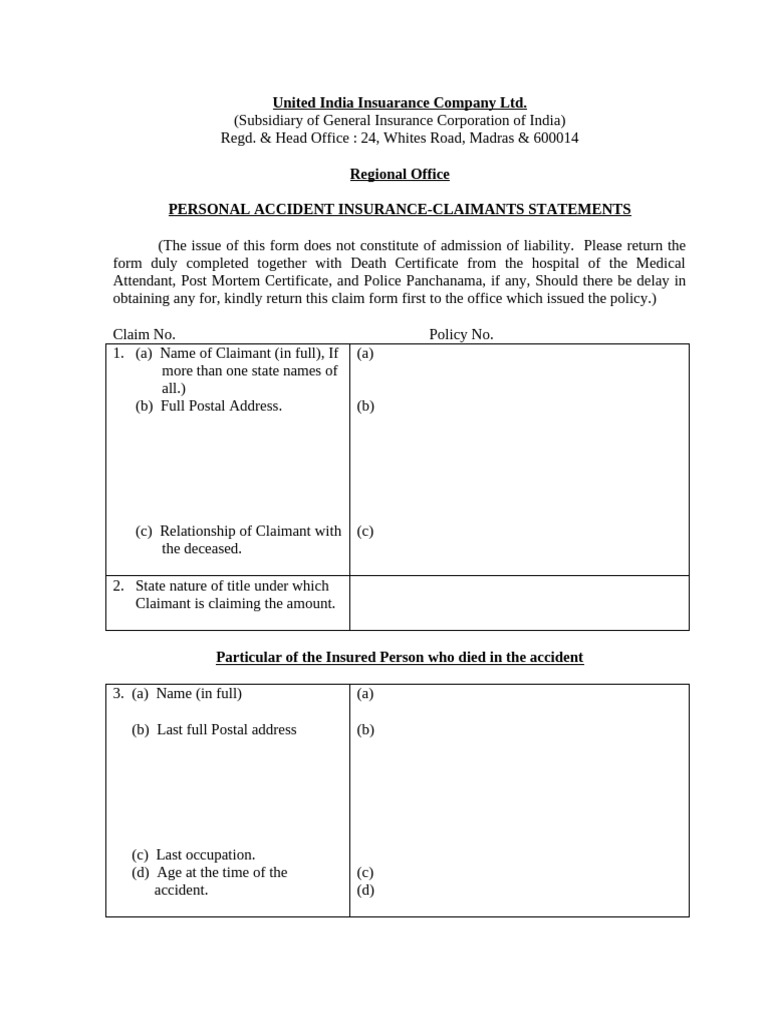 Personal Accident Insurance Claim Form | PDF | Insurance | Health Care