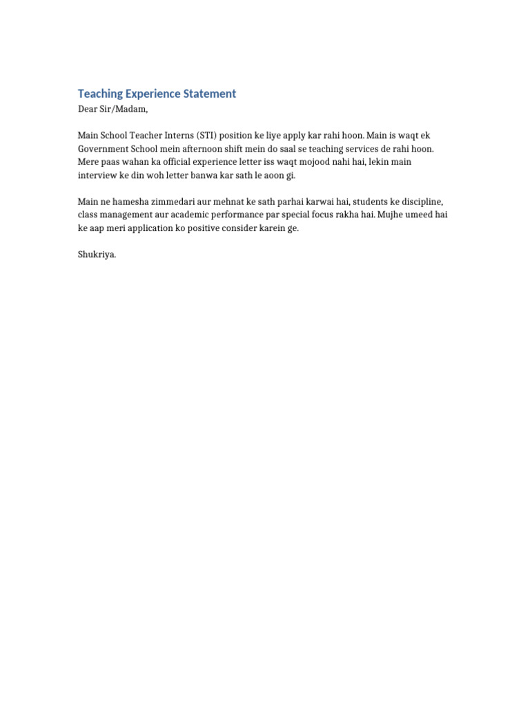 Teaching Experience Statement for STI Position | PDF