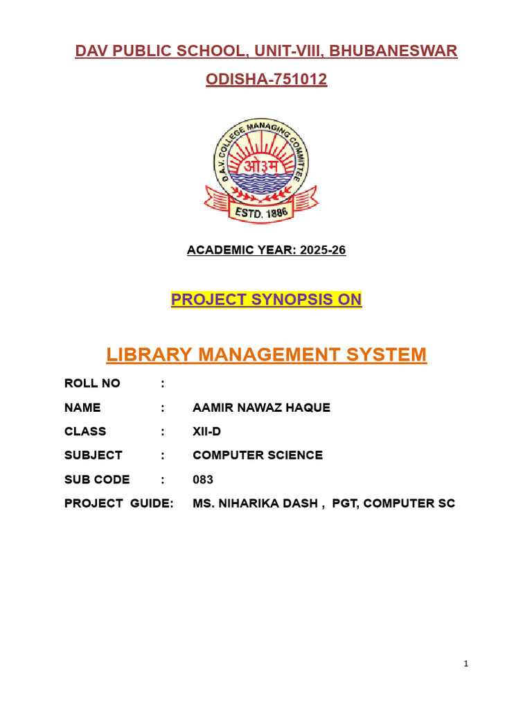 Library Management System Project Synopsis | PDF | Software | Computer ...