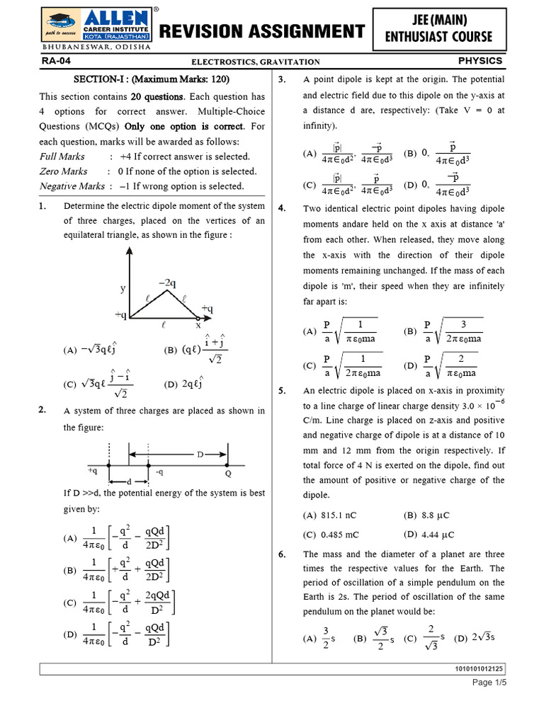 Physics MCQs on Electrostatics and Gravitation | PDF | Dipole ...