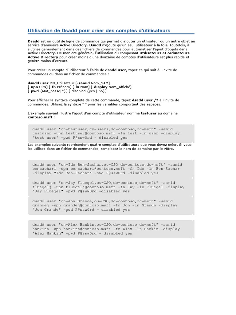 Créer des comptes utilisateurs avec Dsadd | PDF