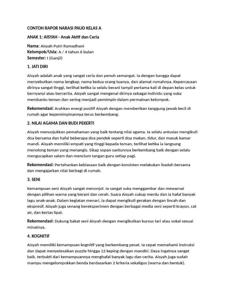 Rapor Narasi PAUD Kelas A Anak-anak | PDF