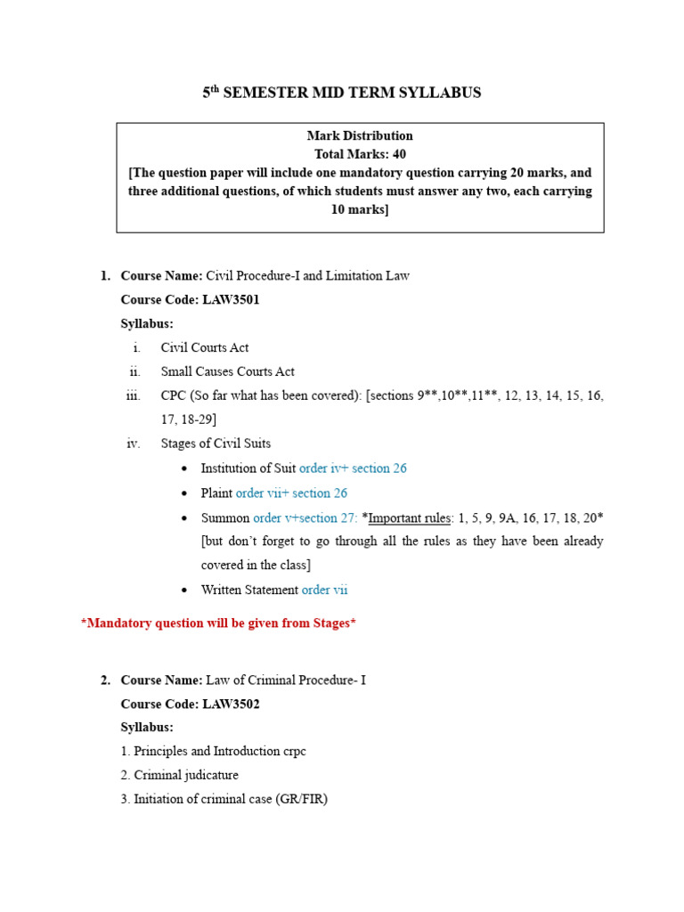 5th Semester Law Mid Term Syllabus | PDF