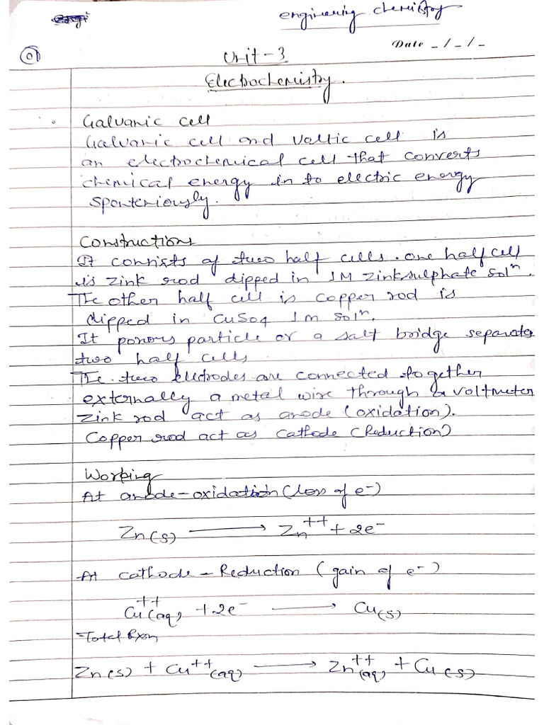 Unit 3 Electrochemistry Handwritten Notes | PDF