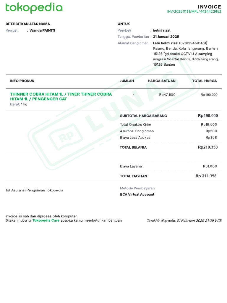 Invoice Pembelian Thinner Cobra 1L | PDF