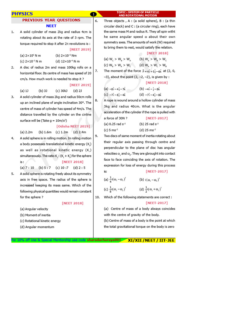 NEET Physics: Rotational Motion Questions | PDF | Rotation Around A ...