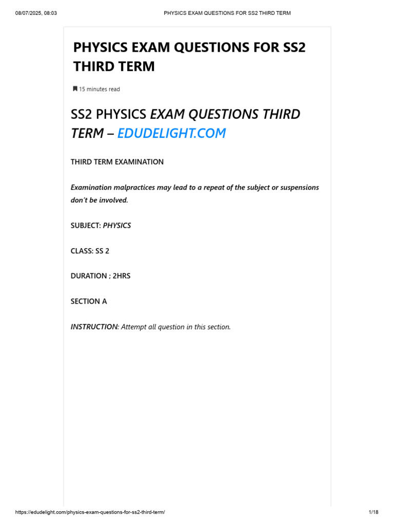 SS2 Physics Exam Questions - Third Term | PDF | Waves | Sound