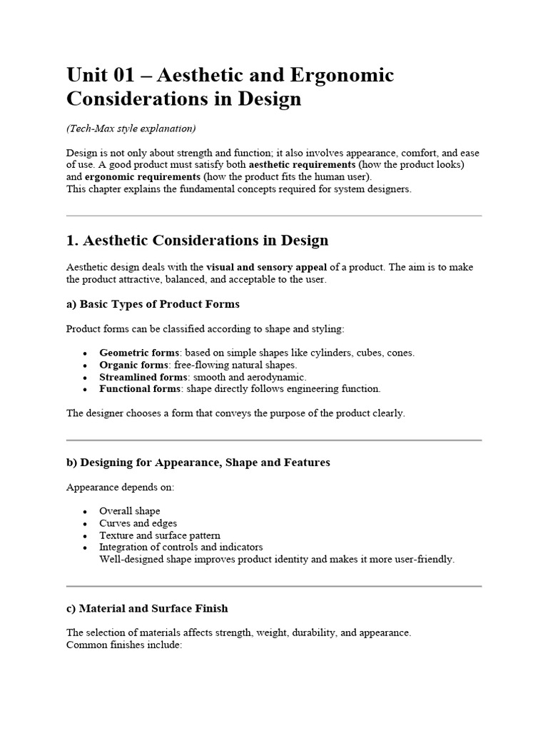 Unit 01 - Aesthetic and Ergonomic Considerations in Design | PDF ...