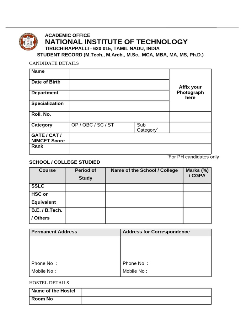 NIT Tiruchirappalli Student Record Form | PDF