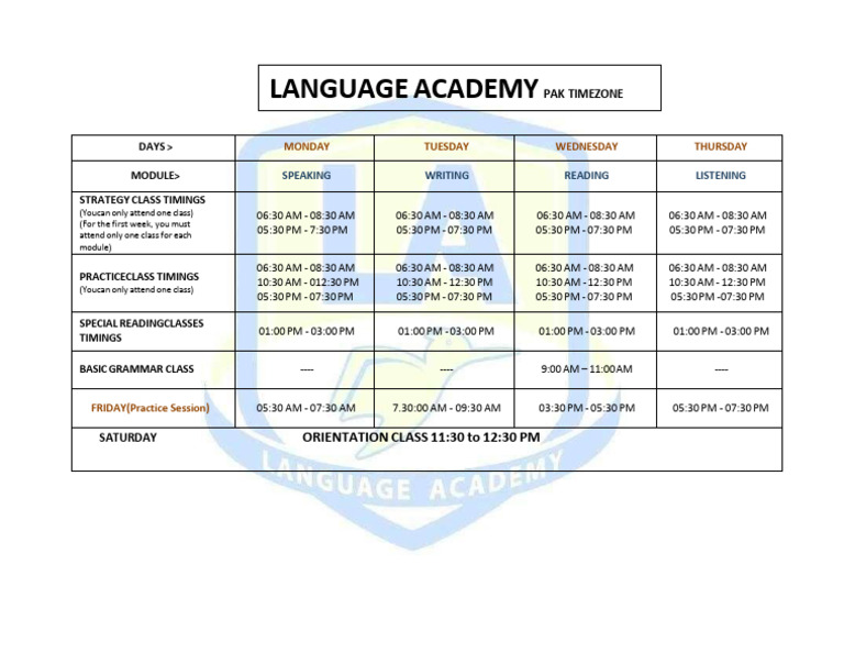 Pakistan Timezone La Language Academy Pte Timetable With Orientation | PDF