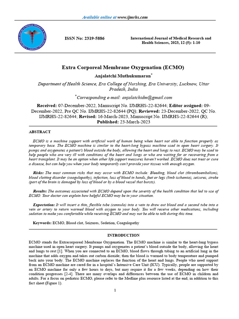 Extra Corporeal Membrane Oxygenation Ecmo | PDF | Heart | Blood
