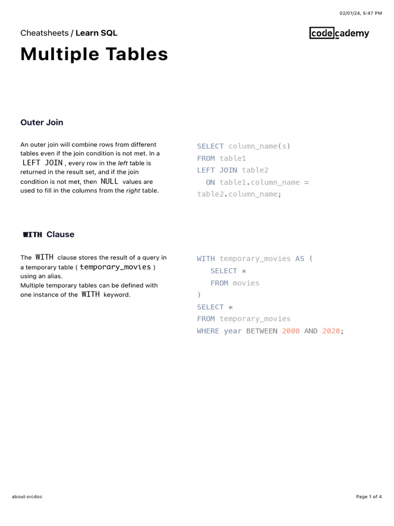 SQL Joins and Key Concepts Explained | PDF | Table (Database) | Data ...