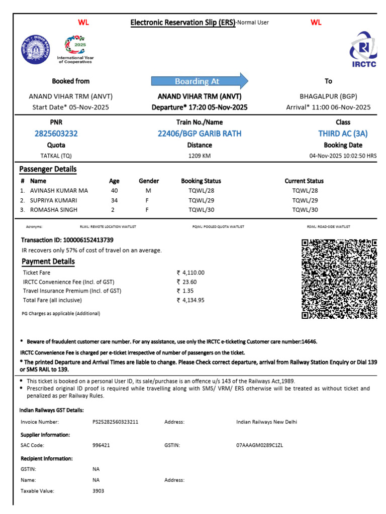 22406/Bgp Garib Rath Third Ac (3A) : WL WL | PDF | Identity Document ...