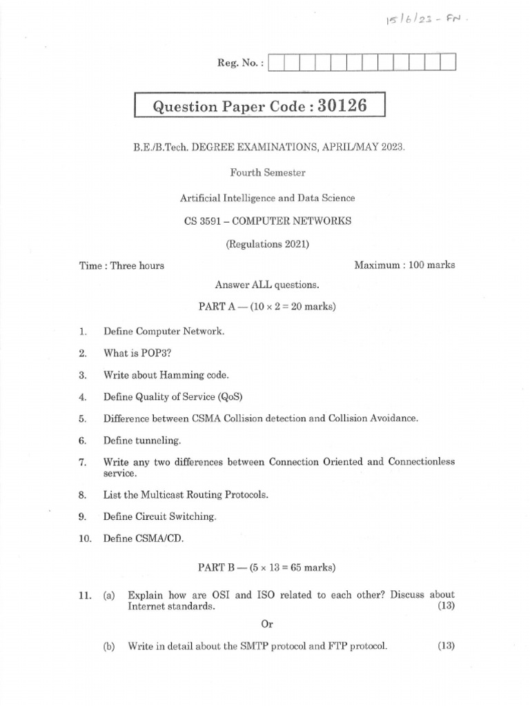 CS3591 - Computer Networks - R-2021 - 2023 April Question-Paper ...