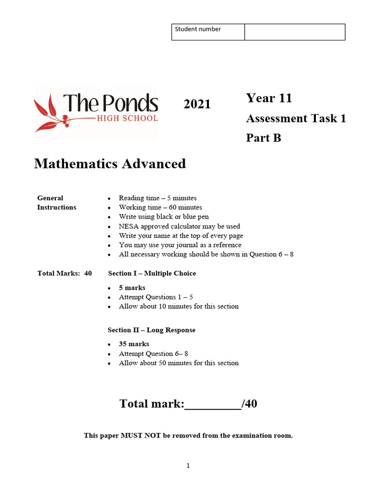 Year 11 Mathematics Advanced Exam Guide | PDF | Multiple Choice ...