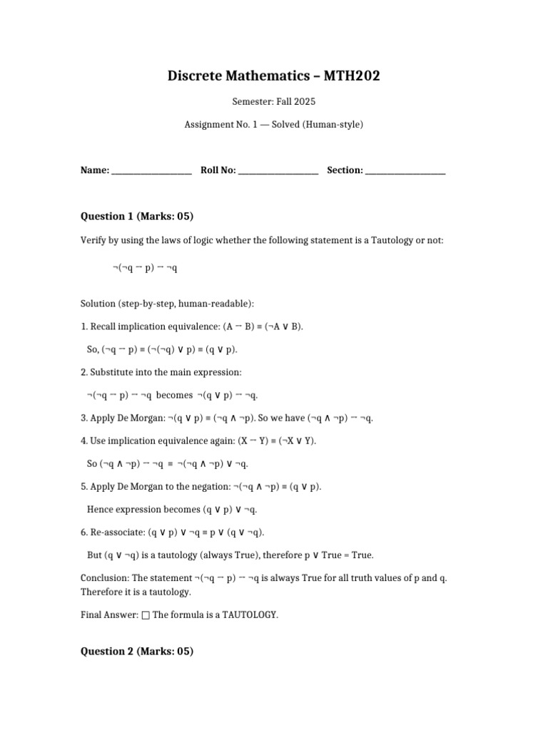 Discrete Math Assignment 1 Solutions | PDF | Argument | Logical Consequence