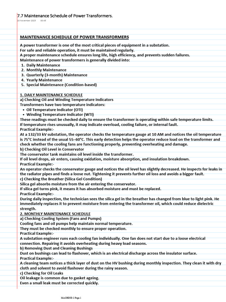 7.7 Maintenance Schedule of Power Transformers | PDF | Transformer ...