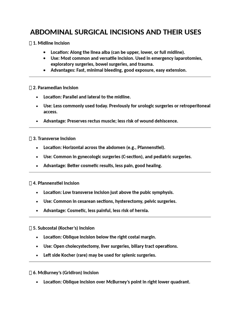 Types of Abdominal Surgical Incisions | PDF