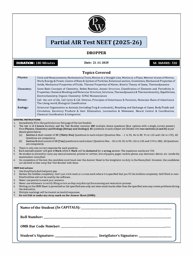 NEET 2025-26 Dropper AIR Test Guide | PDF | Chemistry | Gases