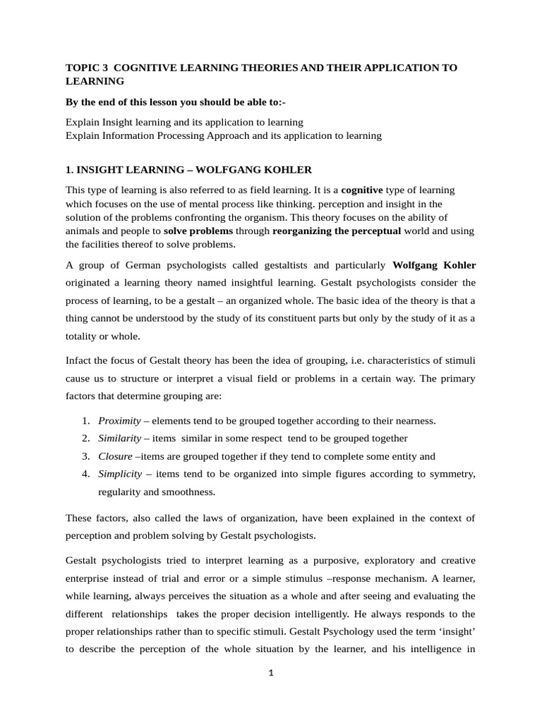 TOPIC 3 COGNITIVE LEARNING THEORIES | PDF | Memory | Schema (Psychology)