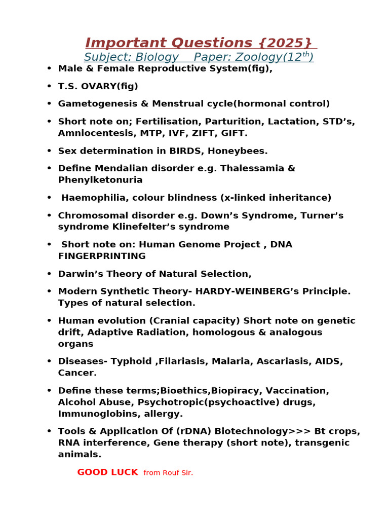 Zoology 2025 Imp Ques. Rouf Sir | PDF