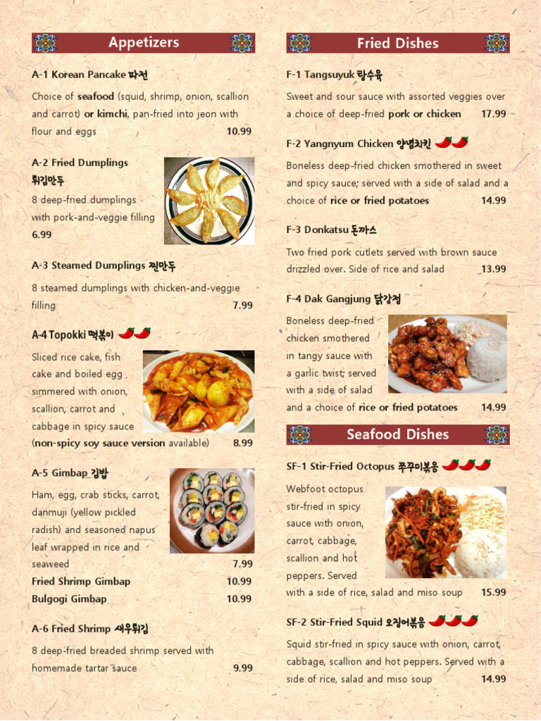 Korean Menu: Pancakes, Dumplings & Stews | PDF | Dumpling | Tofu
