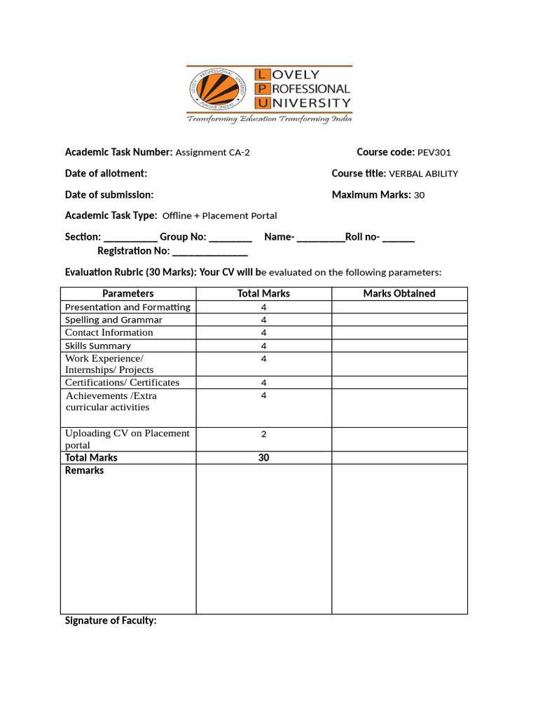 PEV 301 Front Page Format For CV Revised | PDF