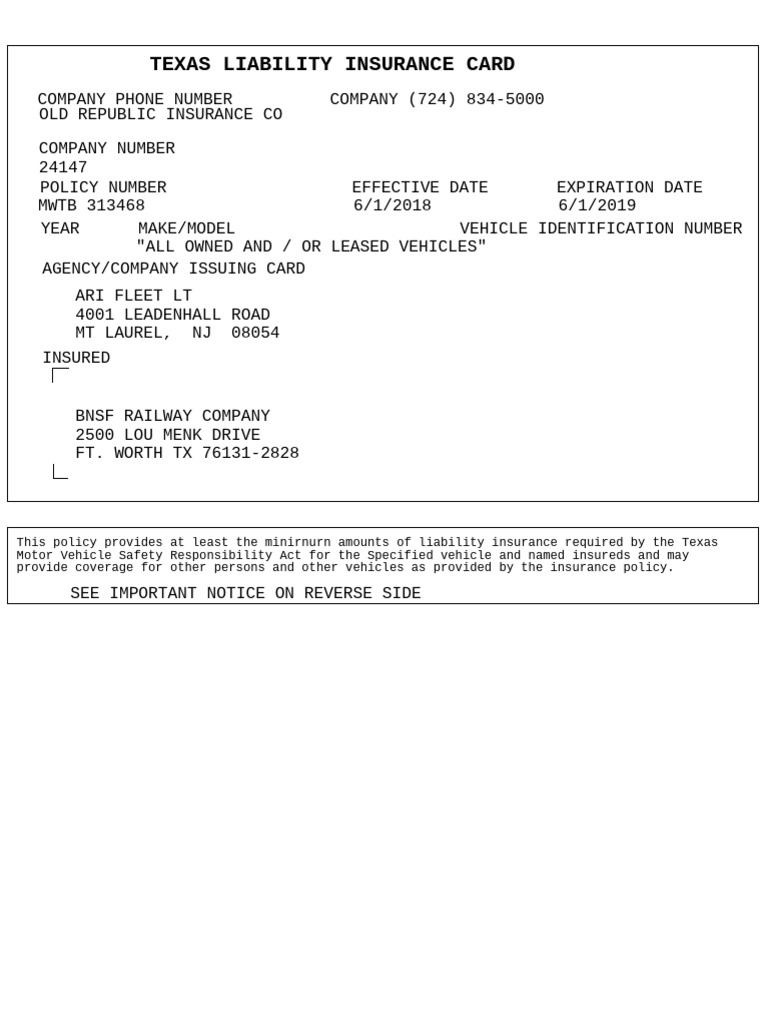 Texas Liability Insurance Card | PDF