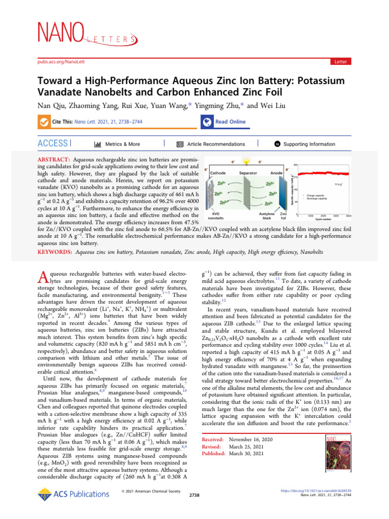 High-Performance Aqueous Zinc Ion Battery | PDF | Electrochemistry ...