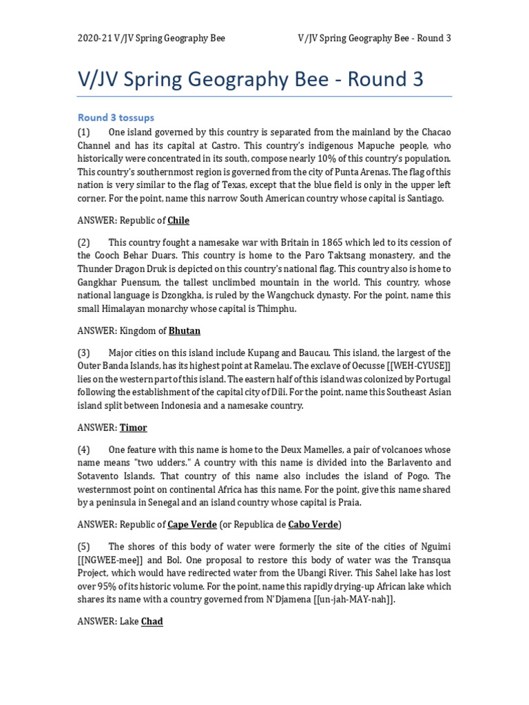 2020-21 V/JV Geography Bee Round 3 | PDF