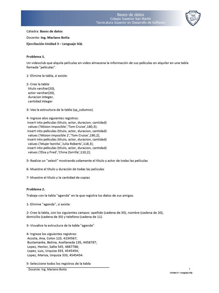 Ejercicios Prácticos de SQL para Bases de Datos | PDF | SQL | Bases de ...